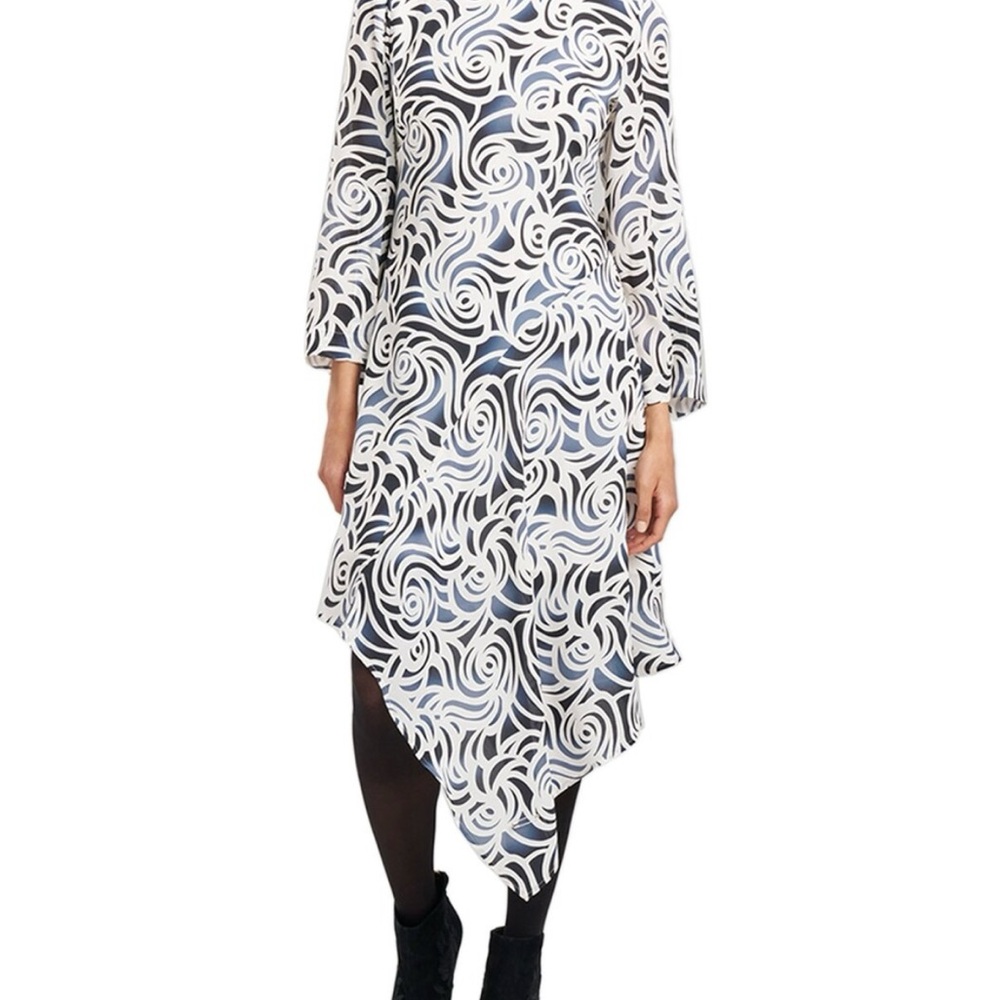 NWT Natori Sz 6 Elegant Black/ Navy and White Swirl Dress